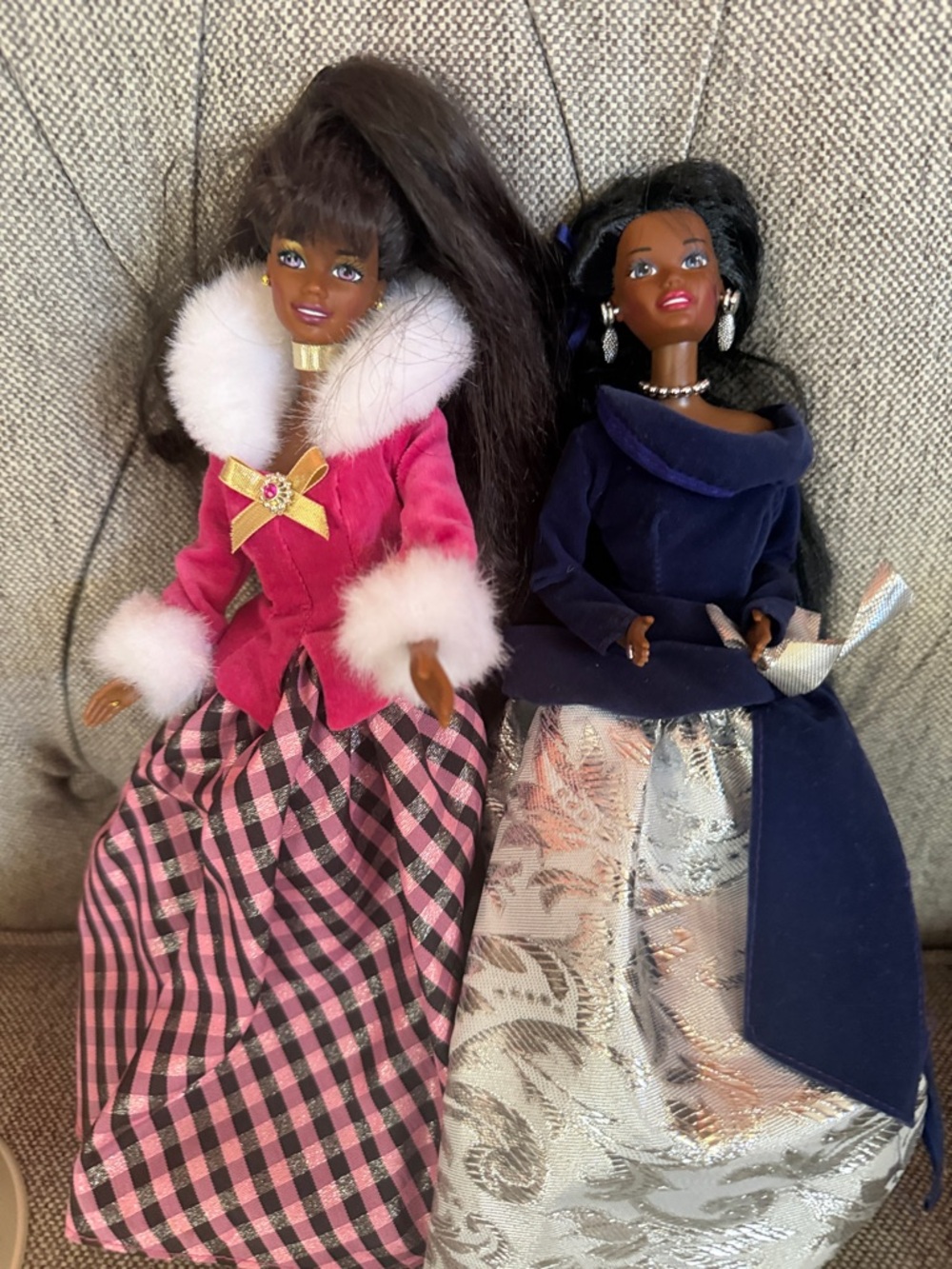 Avon Barbie Pink and Navy Holiday Fashion Dolls - Elegant Velvet Dresses